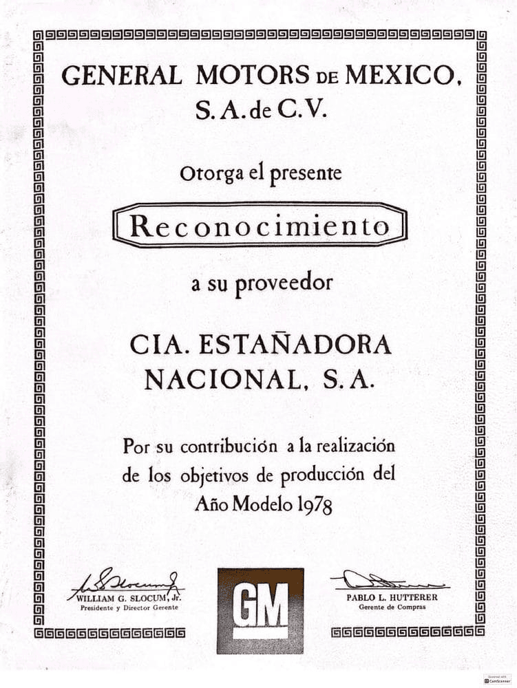 General Motors supplier recognition certificate, 1978