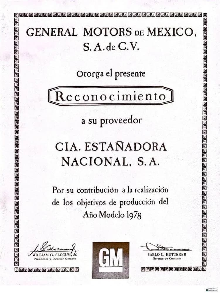 General Motors supplier recognition certificate, 1978