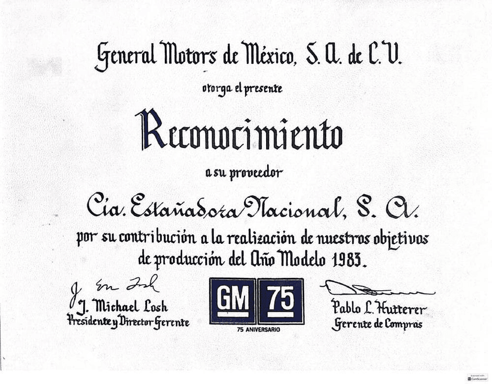 General Motors quality award certificate, 1983