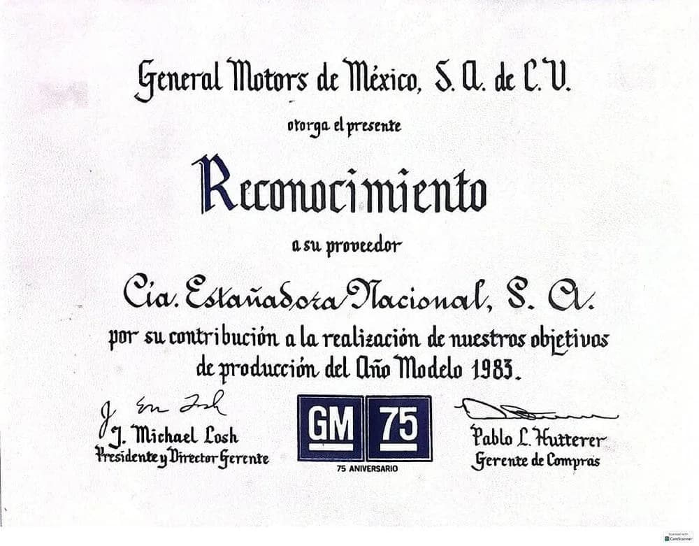General Motors quality award certificate, 1983