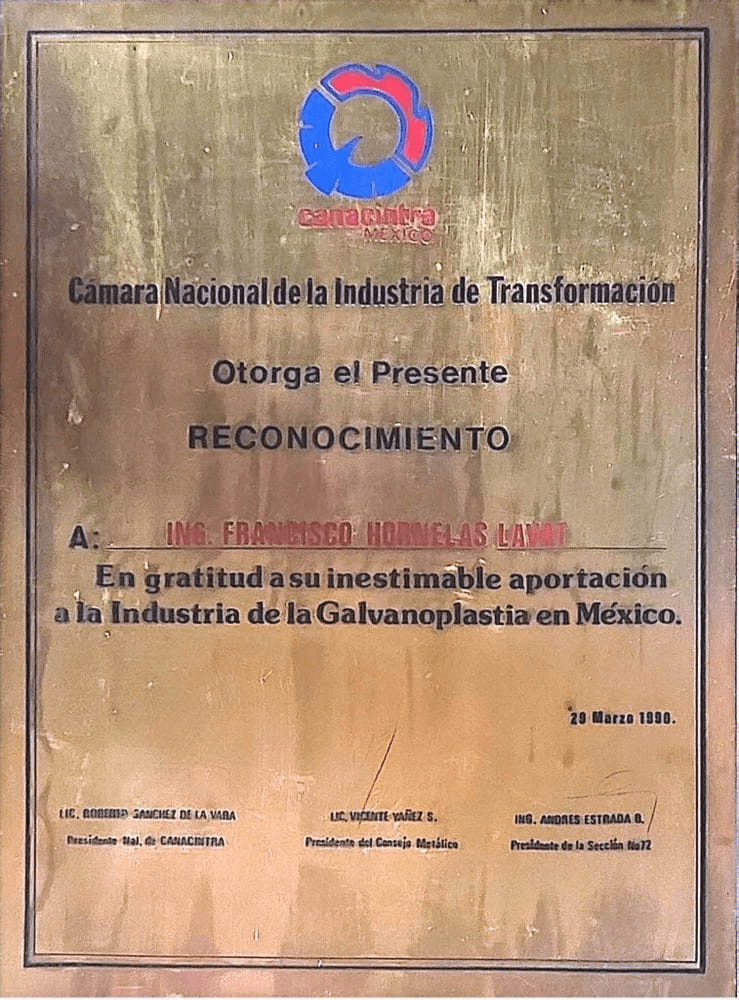 Canacintra recognition to Eng. F. Hornelas Lavat, 1990