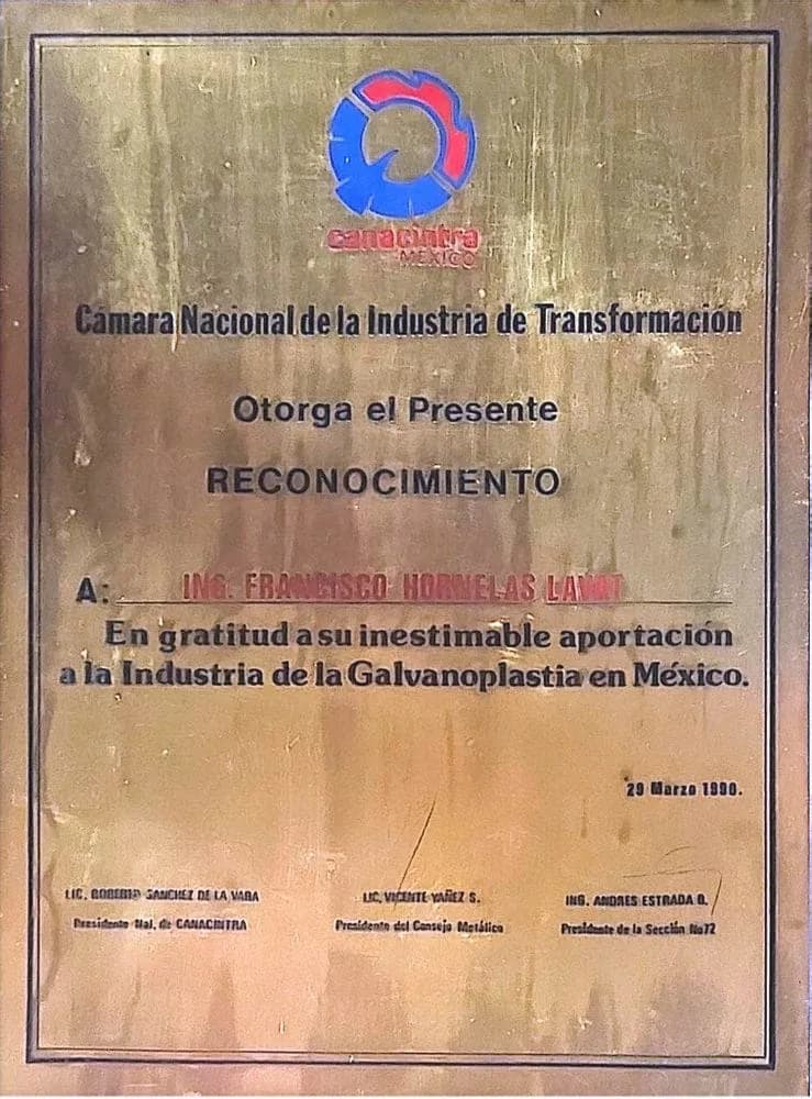 Canacintra recognition to Eng. F. Hornelas Lavat, 1990